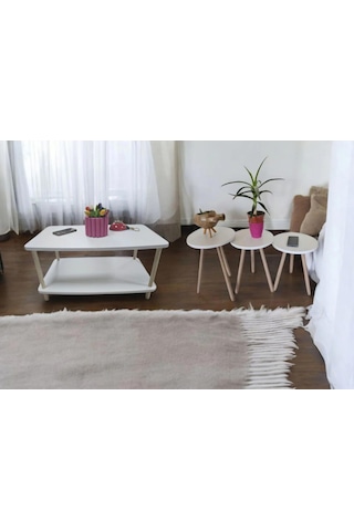 Orta Sehpa 1 Adet + Zigon Sehpa Set 3 Adet Takım Ahşap Ayaklı Beyaz