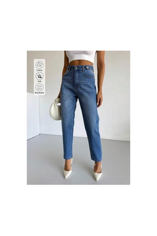 Kene Jeans Mavi Kemer Apolet Detaylı Mom Jeans Mavi