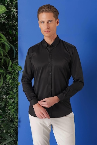 Efor Slim Fit Düğmeli Yaka Pamuklu Klasik Siyah Gömlek Gk 714 Siyah