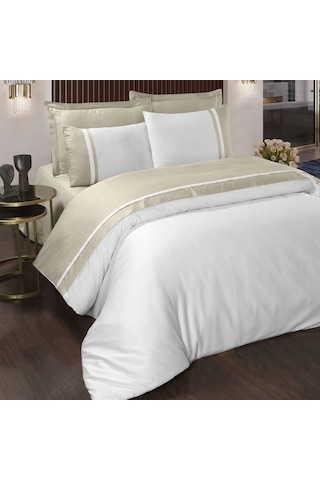 Pasıonı-210tc Saten-Lune-Taş Biyeli Çift Kişilik Nevresim Takımı Beyaz