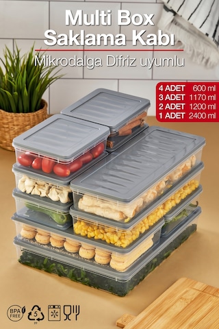 Multi Box 10 Parça 4 Farklı Boy Saklama Kabı Seti - Dondurucu & Mikrodalga Uyumlu Gri