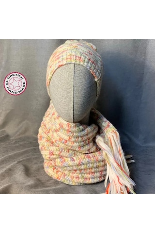 Uretti - Kadir 7704 - El Örgüsü Ebruli Yün Atkı - Bere - İkili Set - 3 Yaş Bej