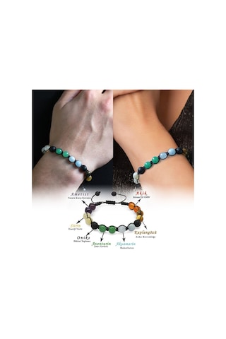 Tesbihane Makrome Örgülü Küre Kesim Multicolor Doğaltaş Kombinli Kadın-erkek Başarı Bilekliği 2li Set Çok Renkli