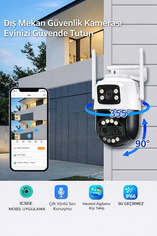 Çift Lensli 360 Ptz Wifi Güvenlik Kamerası Ip66 Su Geçirmez, Çift Yönlü Sesli, Gece Görüşlü, Duvar & Tavan Montajlı Smart Kamera