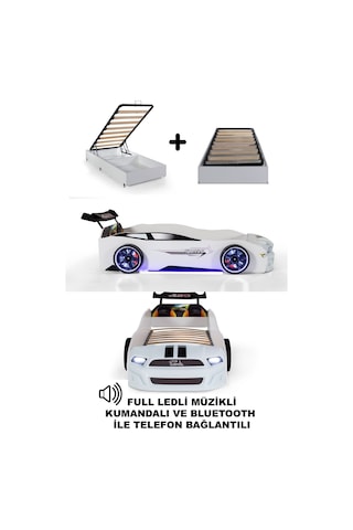 Bazalı Beyaz Arabalı Yatak Sport Mst Full Ledli Kumandalı Ve Müzikli 90x190 Cm