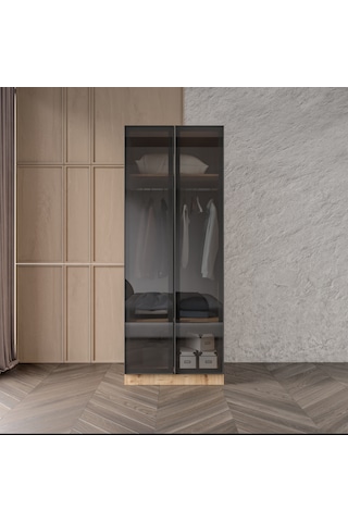 Ülgen 2 Kapaklı Giyinme Dolabı Tamamı Mdf Led Askı Borusulu Füme Camlı Safir Meşe