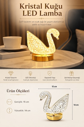 Kristal Kuğu Led Masa Lambası 3 Renk Işıklı Dekoratif Aydınlatma 8381888