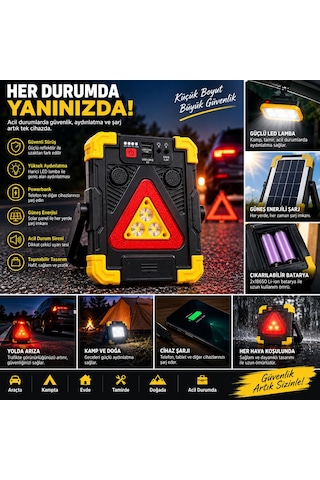 Çok Fonksiyonlu Reflektör Solar Lamba Powerbank Güneş Enerjili Yüksek Sesli Sirenli Lamba Acil Durum Sireni Uyarı Alarm Sesli Taşınabilir Şarjlı Ekstra Lambalı
