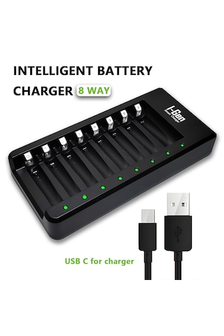 I-Gen G800 8'li Pil Şarj Aleti AA/AAA Kalem Pil Uyumlu Type-C Giriş Akıllı Hızlı Pil Şarj Cihazı