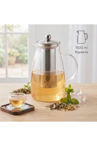 Detoks Sürahisi 1500 Ml Paslanmaz Çelik Filtre Cam İçecek Kabı Masa Üstü Çeyizlik