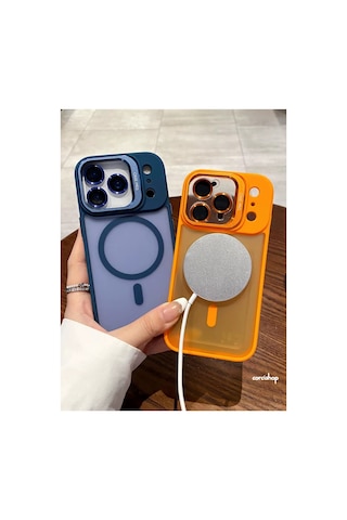 İphone 17 Uyumlu Kılıf Açılır Kamera Stand Magsafeli Mat Renkli Şeffaf + Lens Koruyucu Set Lacivert
