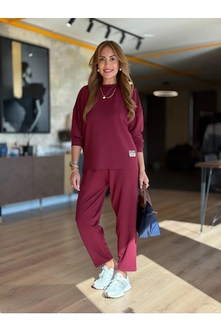 Tua Moda Kadın Uzun Kollu Bisiklet Yaka Viskon Iki Iplik Bluz Ve Pantolon Ikili Takım Bordo