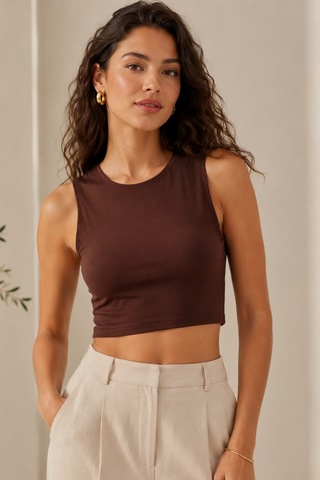 Loule Kadın 2'li Bisiklet Yaka Kolsuz Crop Top Kahverengi-bej %92 Pamuk Çok Renkli