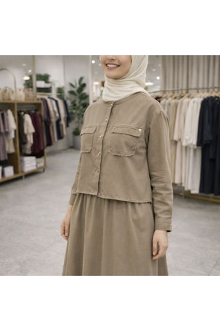 Esra Butik78 Gabardin Kumaş Gizli Cepli İkili Takım Uzun Etekli Tesettür Şık Rahat Kombin Kahverengi