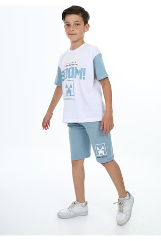Erkek Çocuk Boom Baskılı Kısa Kollu Şortlu Takım-5906-Mavi