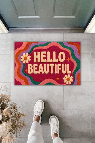 Rugmood Hello Beautıful Renkli Retro Tasarım Dekoratif Kapı Önü Paspası 70x45 Cm Çok Renkli