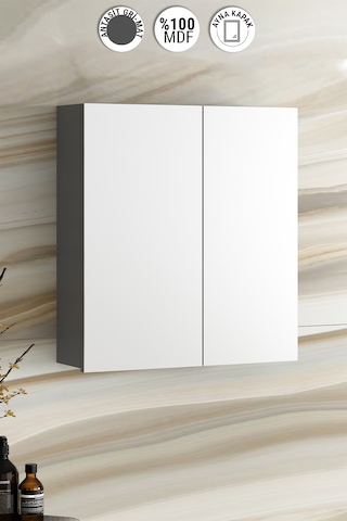 Çiğdem 65 Cm Antrasit Gri Mat Mdf Aynalı Asma Banyo Üst Dolabı Antrasit - Gri