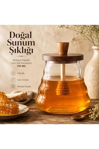 Lexroo Kaşıklı Akasya Kapaklı Cam Bal Kavanozu 750 Ml Şık Sunumluk Çok Renkli