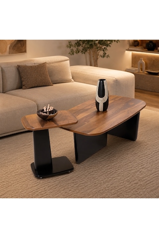 Ganni Home Toscana 2 Li Orta Ve Zigon Sehpa Seti Ceviz Siyah, Modern Asimetrik Tasarım