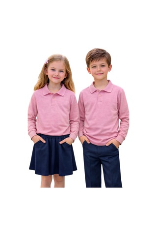 Erdem Kıds Unisex Kız Erkek Çocuk Polo Yaka Pamuklu Uzun Kol Pudra-toz Pembe Günlük Basic Okul Tişört Pembe Pembe