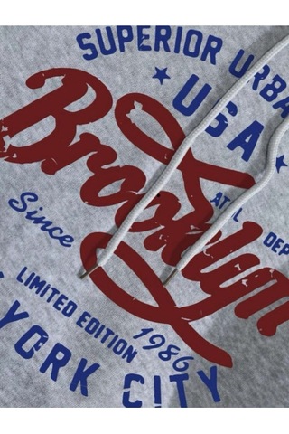 Unisex Oversize Brooklyn Baskılı Kapüşonlu Gri Sweatshirt. Gri