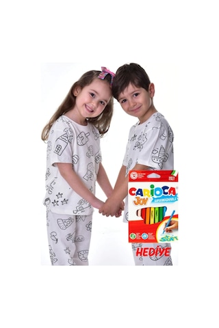 Zuzunga En Sevimli Figürler Özel Kalemi İle Boyanabilir Çocuk Pijama Takımı 12'li Kalem Seti Hediye Beyaz