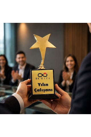 Logonuza Özel 5 Adet Mesajlı Gold Renk Yıldız Oskar Kurumsal Ödül Kupası 18 X 8 Cm