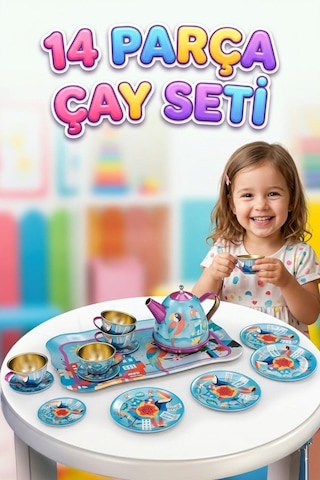 Metal 14 Parça Renkli Desenli Çantalı Eğitici Evcilik Oyuncak Çay Fincan Seti