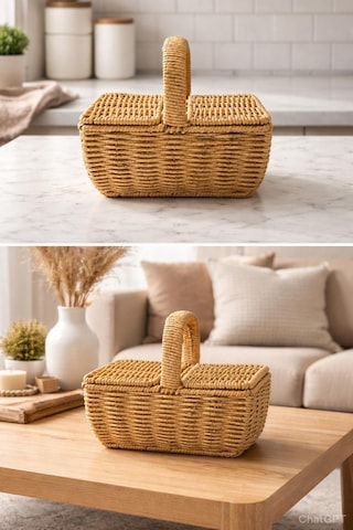 Dikdörtgen Hasır Rattan Mini Kulplu Organizer Sepet,ekmeklik Diğer