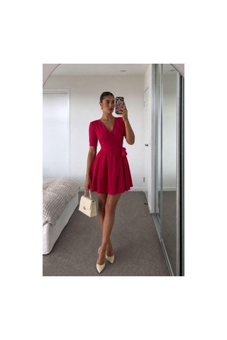 Store V Yaka Mini Elbise Kollu Kısa Kuşaklı Fuşya - 935901556 Fuşya