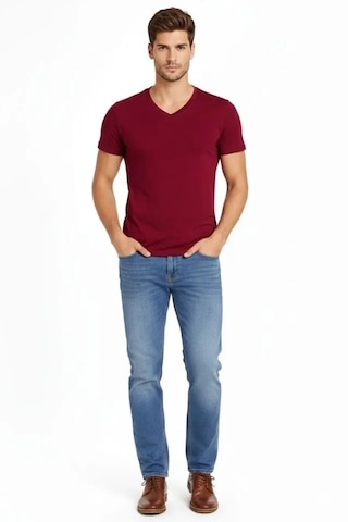 Modi Erkek T-shirt V Yaka Slim Fit Dar Kesim Likralı Tişört Günlük Basic Body - Bordo Açık Bordo