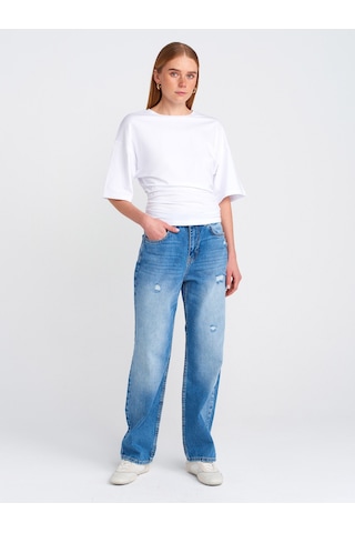 Dilvin 71781 Küçük Yırtıklı Denim Mom Mavi
