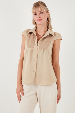 Lela Dantel Detaylı Kısa Kollu Regular Fit Bayan Gömlek 611Go0215 Taş