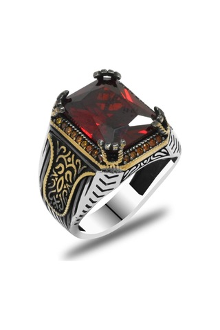 Baget Kesim Kırmızı Zirkon Taşlı Yanları Gotik Süslemeli 925 Ayar (537174758)