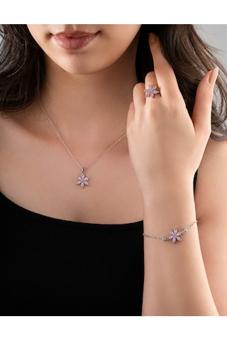 925 Ayar Pembe Taşlı Rodyum Lotus Çiçeği 3'lü Gümüş Set Rs10048 Gümüş