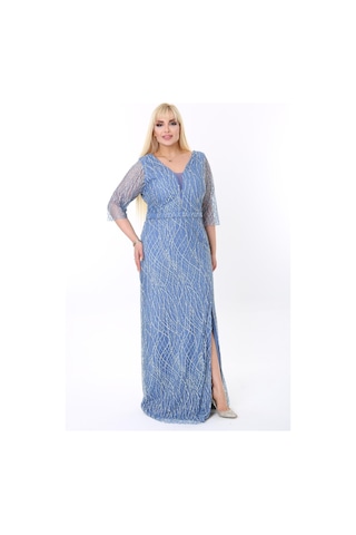 Ladies First Büyük Beden 3767 İndigo Uzun Abiye Elbise 001