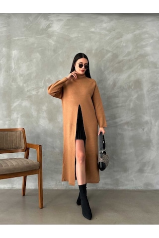 Anbly Collection Uzun Kollu Tam Balıkçı Yaka Önden Yırtmaçlı Triko Panço Elbise