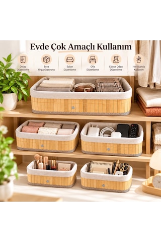 Bambu Düzenleyici Sepet Seti, Kumaş Astarlı, 5'li Set