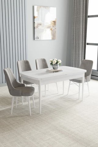 Zümra Serisi, Beyaz 80x132 Açılabilir Mdf Mutfak Masası Takımı 4 Adet Sandalye, Gri