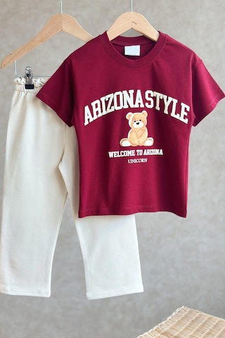 Monila Kız Çocuk Pamuklu Ayıcık Baskılı Bordo T-shirt Ve Ekru Eşofman 2'li Takım Ekru/bordo