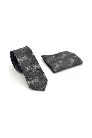 Gaffy Gri Desenli Füme Dokuma Kumaş Mendilli Slim Fit Kravat // Sdk-2613-3 Gri