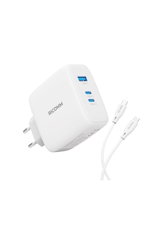 Ricomm 100W GaN 3 Portlu USB-C + USB-A QC5.0 PD Type-C Hızlı Şarj Cihazı + 100W Şarj Kablosu