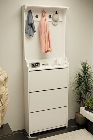 Modus Vestiyer Düşer Kapak Ayakkabılık 3 Raflı Beyaz Beyaz