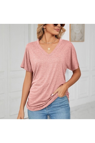 Mavi Hnxc Kadın Moda Günlük Yaz Düz Renk Baskı Kısa Kollu V Yaka Bluzlar Ve Gömlekler Mavi