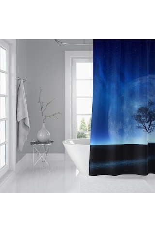 Banyo Duş Perdesi Ay Desen Manzaralı Dijital Baskılı Banyo Perdesi, Tek Kanat C Halkalı-180x200 Cm Koyu Mavi