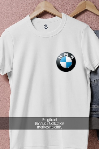 Oversize Bmw Logo Cep Tasarımlı Unisex T-shirt Beyaz