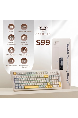 Aula S99 Retro Rgb Gaming 3 Modlu Bluetooth/2.4ghz/usb-c Kablosuz Makrolu Türkçe Q Klavye Sarı