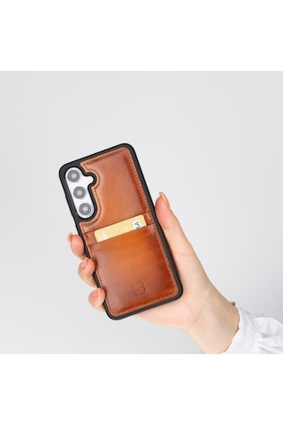 Bouletta Samsung Galaxy Uyumlu S25 Plus Hakiki Deri El Yapımı Kart Yuvalı Kılıf Gölgeli Taba