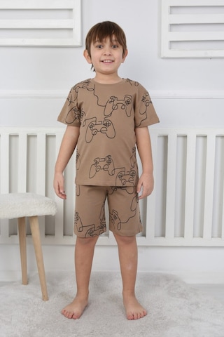 Bunny Hopp Şortlu Erkek Çocuk Pijama Takımı %100 Pamuk Desenli Yazlık 3-8 Yaş Kahve