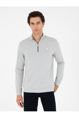 Gri Melanj Regular Fit Pamuk Karışımlı Yarım Fermuarlı Sweatshirt